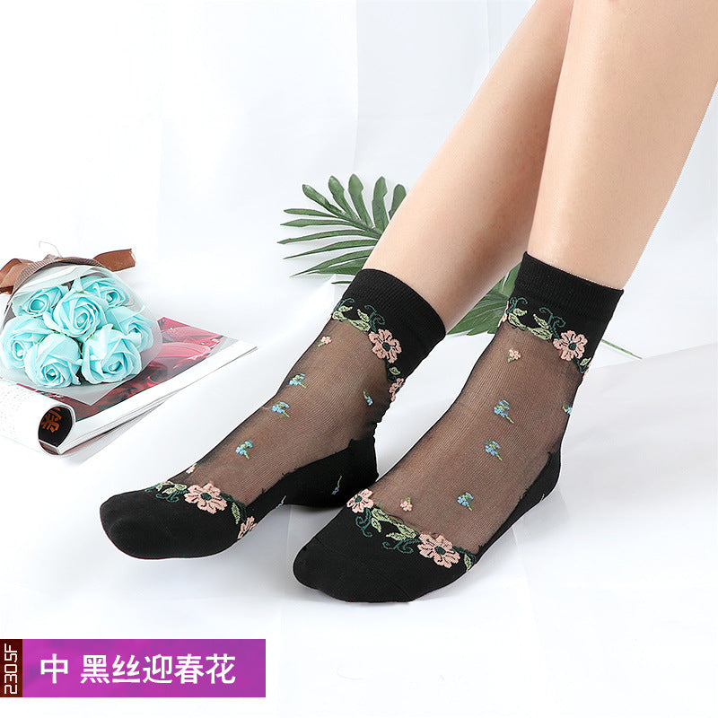 Women's mid-calf breathable silk stockings, transparent with cotton lining, ultra-thin glass fiber flowers, skin-colored socks