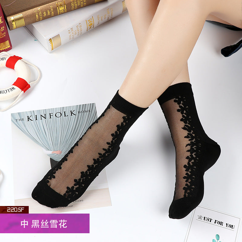 Women's mid-calf breathable silk stockings, transparent with cotton lining, ultra-thin glass fiber flowers, skin-colored socks