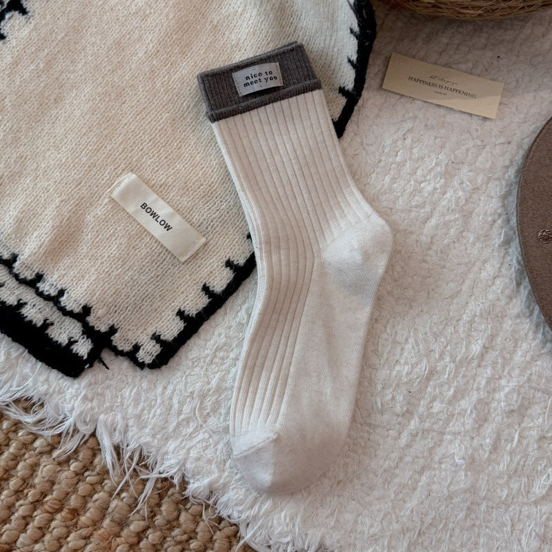 Fall new style women's multi-color ankle-length striped socks with rolled edges, double-needle cotton socks, pile socks with children's fabric labels, pile socks