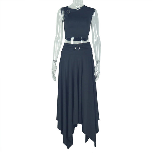 European women's fashion - Y2K style casual and fashionable solid color off-shoulder V-neck top and skirt set