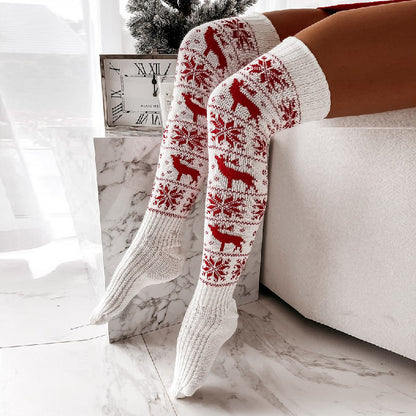 Winter and Christmas snowflake moose long tube knitted knee-high fluffy socks for women