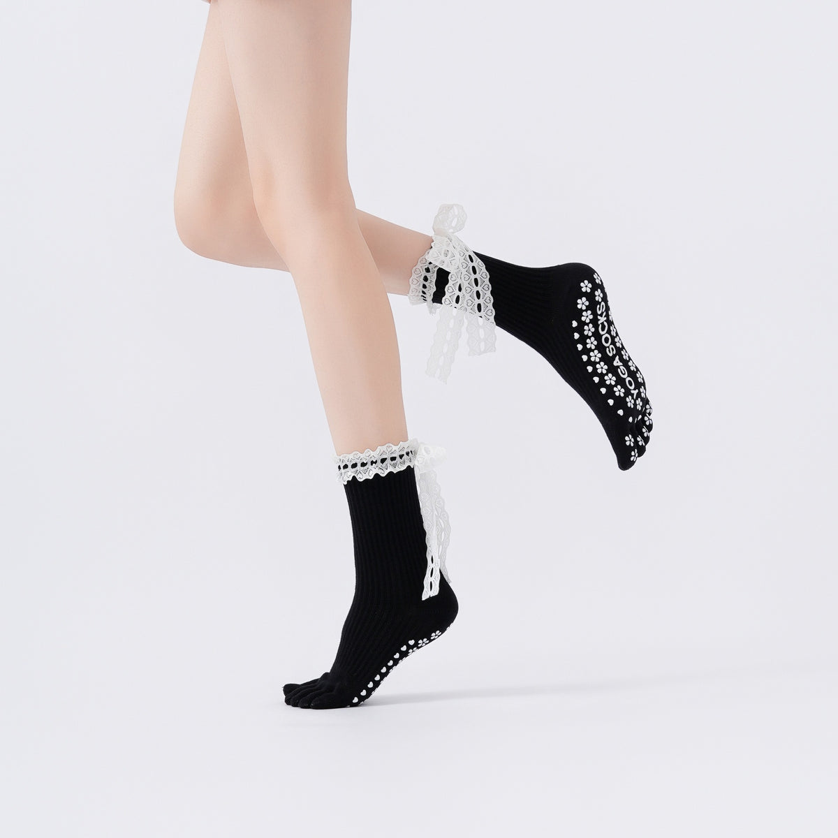 Yoga five-finger socks - women's anti-slip lace-edged exercise Pilates stockings with split toes and breathable, sweat-absorbing properties