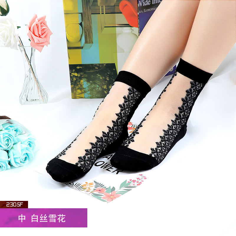 Women's mid-calf breathable silk stockings, transparent with cotton lining, ultra-thin glass fiber flowers, skin-colored socks