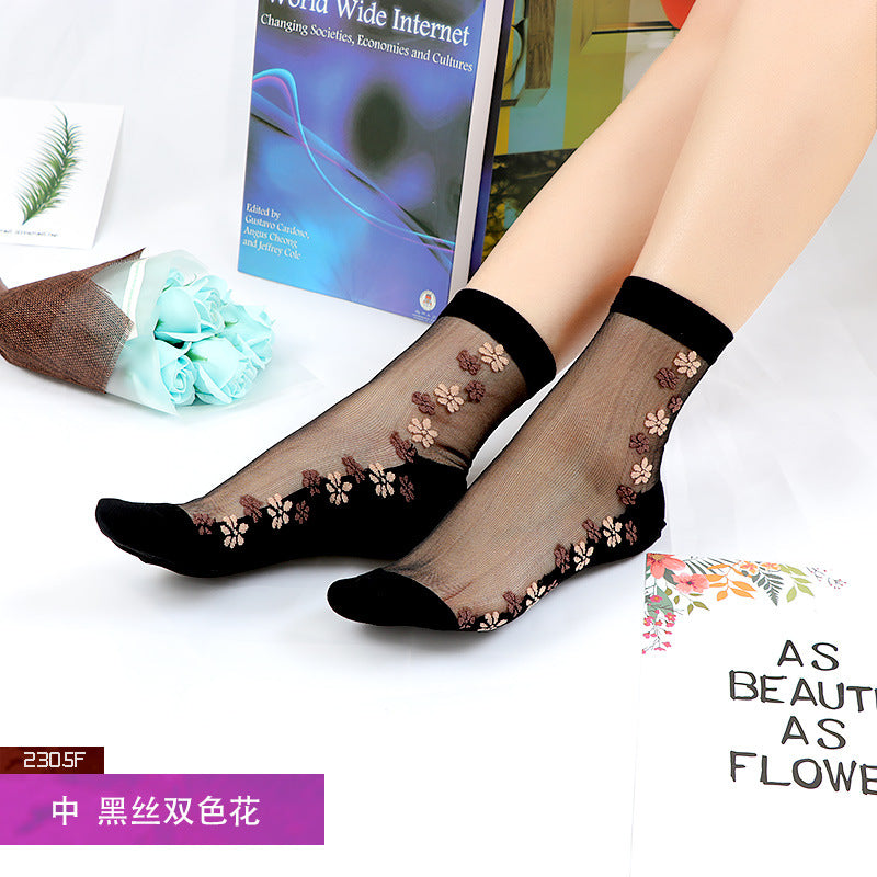 Women's mid-calf breathable silk stockings, transparent with cotton lining, ultra-thin glass fiber flowers, skin-colored socks