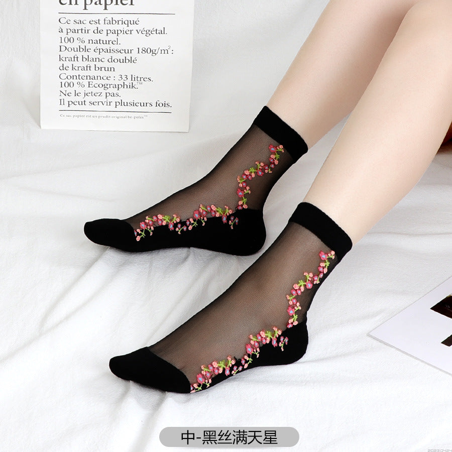 Women's mid-calf breathable silk stockings, transparent with cotton lining, ultra-thin glass fiber flowers, skin-colored socks