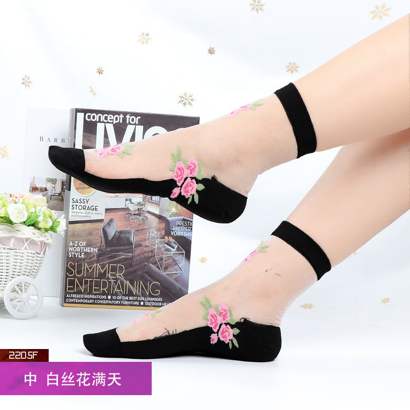 Women's mid-calf breathable silk stockings, transparent with cotton lining, ultra-thin glass fiber flowers, skin-colored socks
