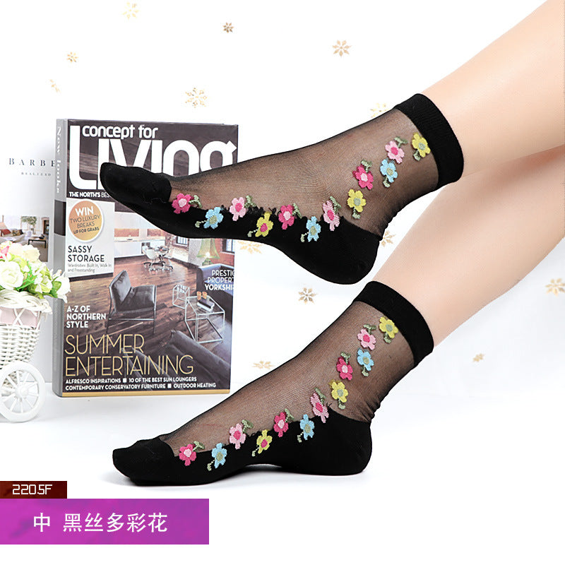 Women's mid-calf breathable silk stockings, transparent with cotton lining, ultra-thin glass fiber flowers, skin-colored socks
