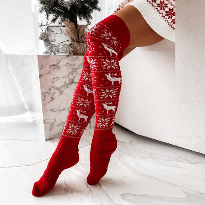 Winter and Christmas snowflake moose long tube knitted knee-high fluffy socks for women