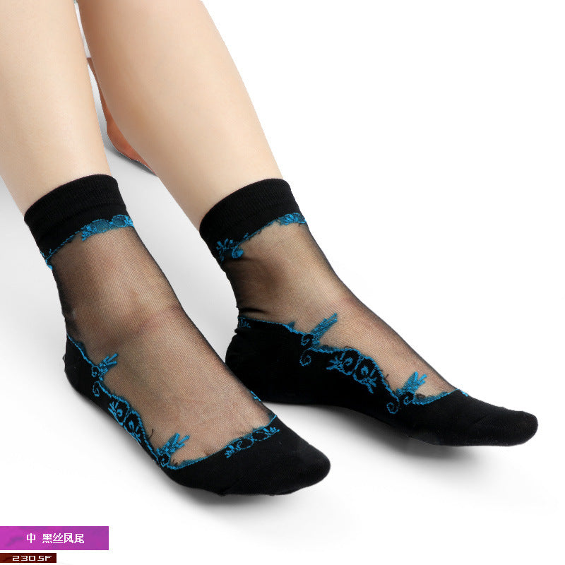 Women's mid-calf breathable silk stockings, transparent with cotton lining, ultra-thin glass fiber flowers, skin-colored socks
