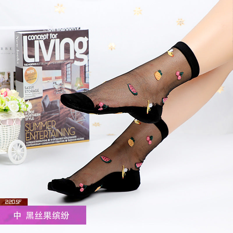 Women's mid-calf breathable silk stockings, transparent with cotton lining, ultra-thin glass fiber flowers, skin-colored socks