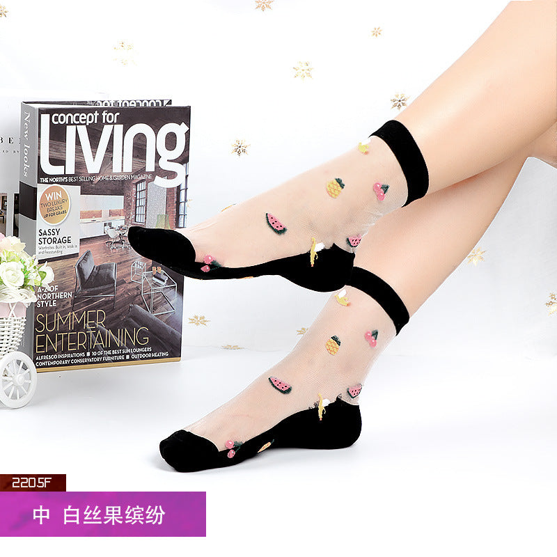 Women's mid-calf breathable silk stockings, transparent with cotton lining, ultra-thin glass fiber flowers, skin-colored socks