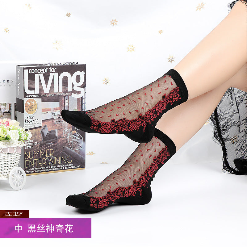 Women's mid-calf breathable silk stockings, transparent with cotton lining, ultra-thin glass fiber flowers, skin-colored socks