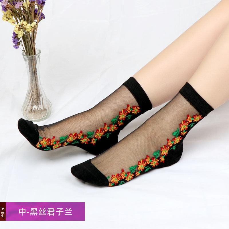 Women's mid-calf breathable silk stockings, transparent with cotton lining, ultra-thin glass fiber flowers, skin-colored socks