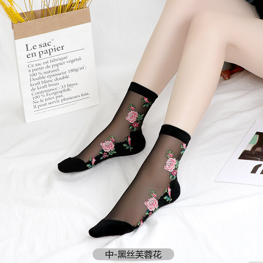 Women's mid-calf breathable silk stockings, transparent with cotton lining, ultra-thin glass fiber flowers, skin-colored socks
