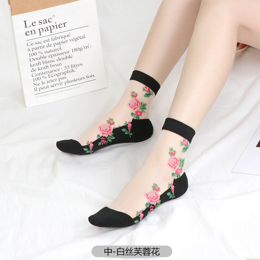 Women's mid-calf breathable silk stockings, transparent with cotton lining, ultra-thin glass fiber flowers, skin-colored socks