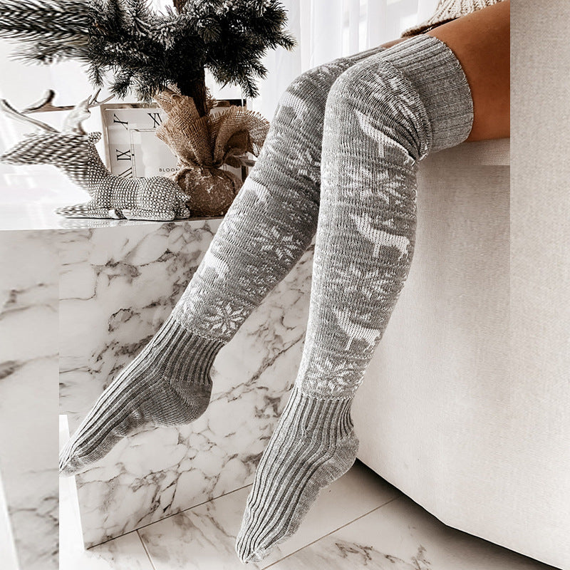 Winter and Christmas snowflake moose long tube knitted knee-high fluffy socks for women