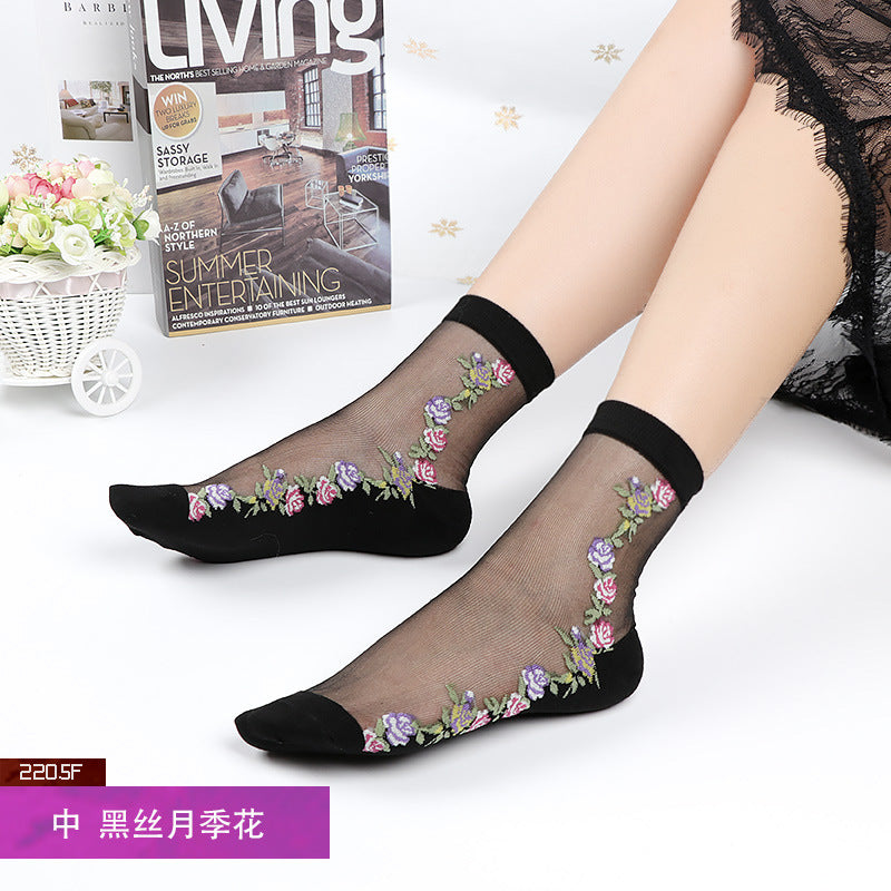 Women's mid-calf breathable silk stockings, transparent with cotton lining, ultra-thin glass fiber flowers, skin-colored socks