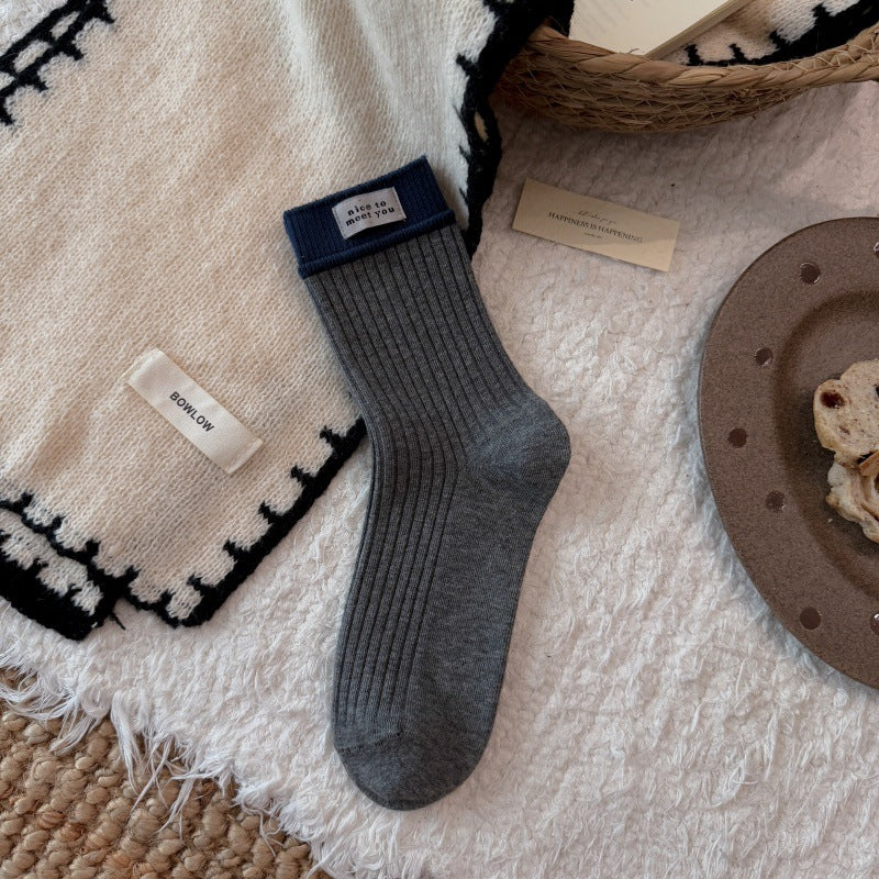 Fall new style women's multi-color ankle-length striped socks with rolled edges, double-needle cotton socks, pile socks with children's fabric labels, pile socks
