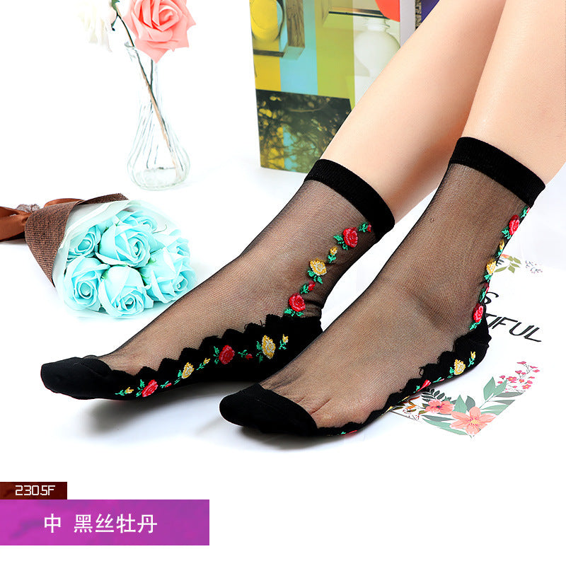 Women's mid-calf breathable silk stockings, transparent with cotton lining, ultra-thin glass fiber flowers, skin-colored socks