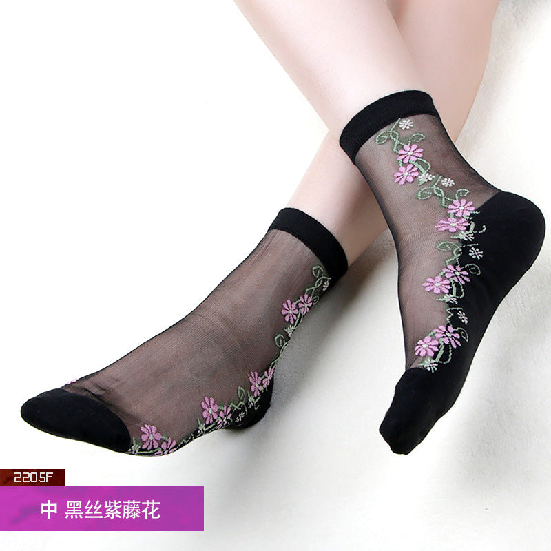 Women's mid-calf breathable silk stockings, transparent with cotton lining, ultra-thin glass fiber flowers, skin-colored socks